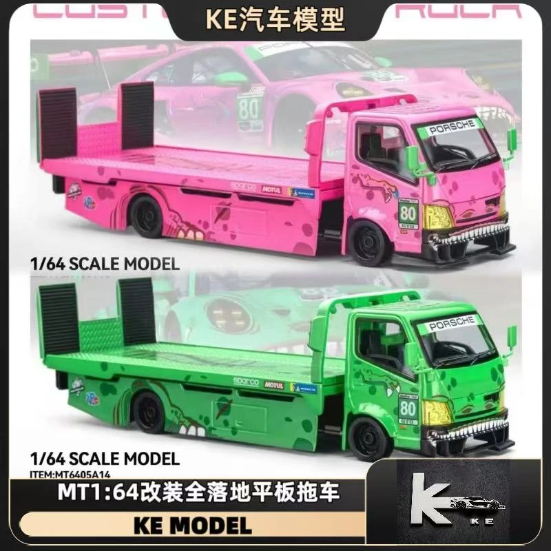 预售MicroTurbo1:64改装全落地平板拖车绿粉恐龙涂装合金汽车模型