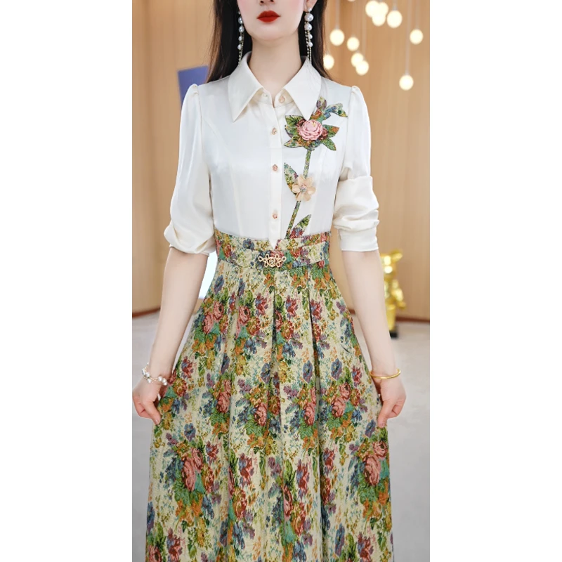 【连衣裙】春夏设计感翻领减龄气质时尚简约通勤长袖连衣裙M-4XL