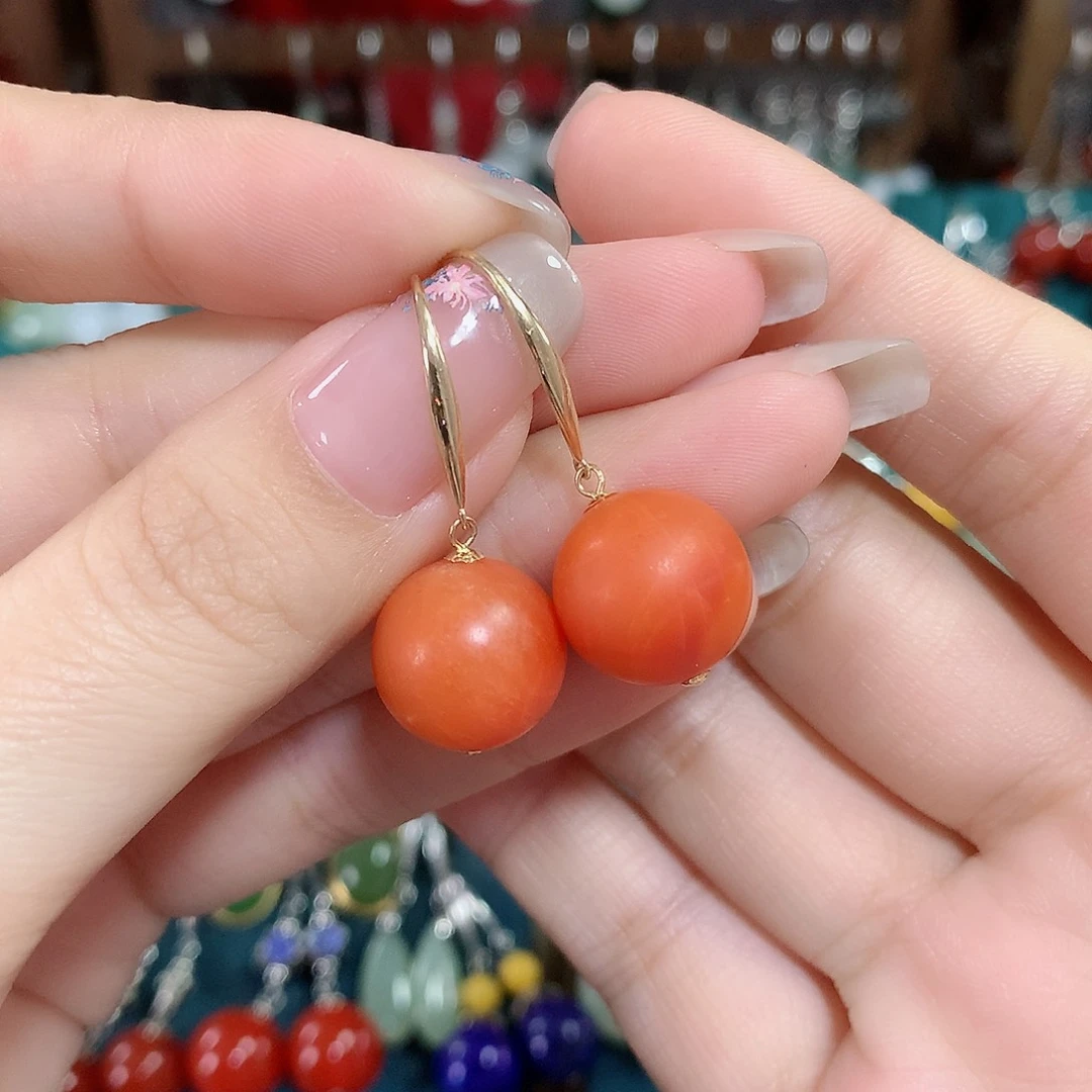 南红玛瑙耳饰18K金镶嵌卡13左