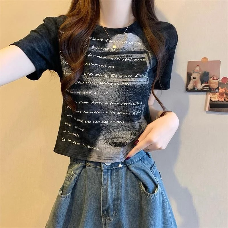 短袖t恤女2025夏季新款爆款美式扎染印花正肩修身短款小上衣体恤