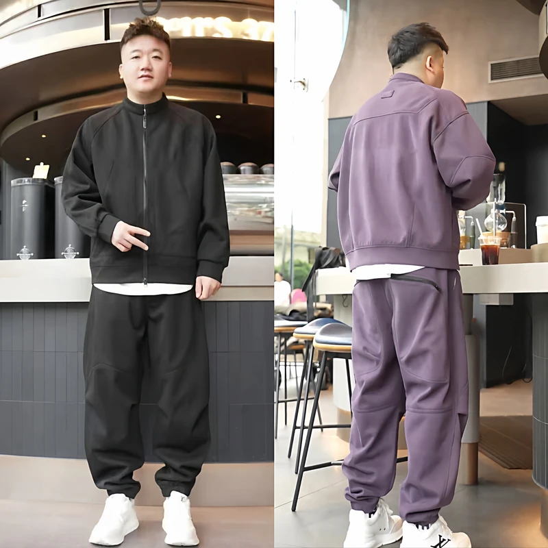 冬季新款奥粒绒双拉链休闲套装男士潮流保暖拉毛外套直筒裤两件套