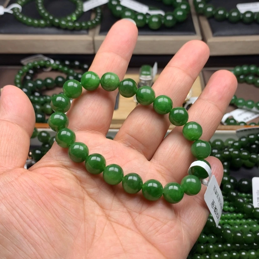 【闪购商品】未镶嵌手串和田玉（碧玉）辣绿10m m