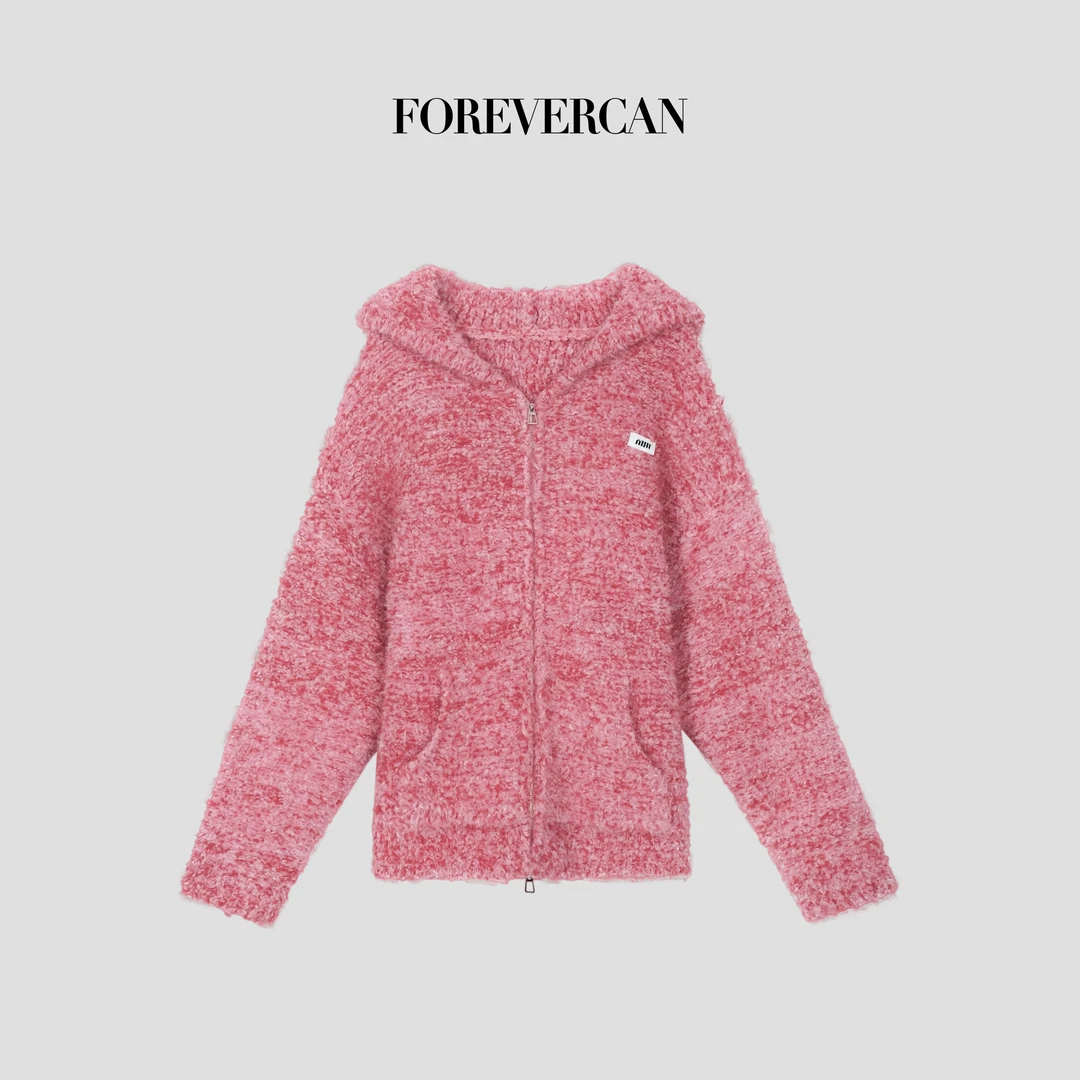 FOREVERCAN“莓有烦恼”慵懒风意大利花式纱连帽针织开衫外套MY4381