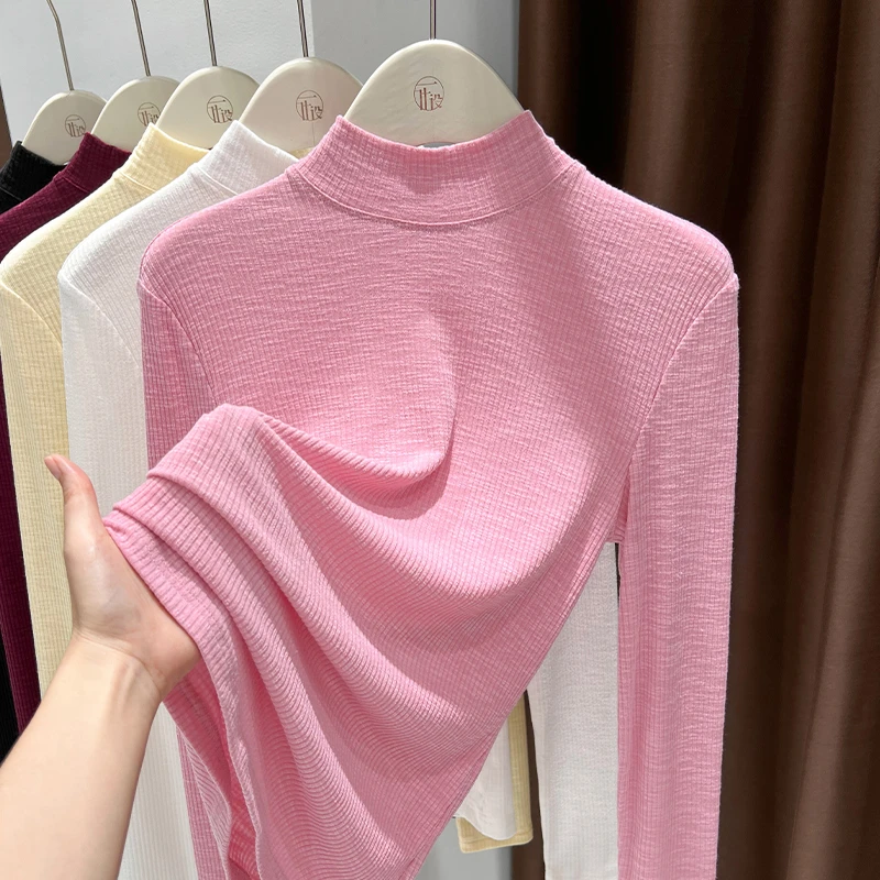 粉色针织半高领打底衫女修身内搭正肩长袖T恤春秋新款小个子上衣