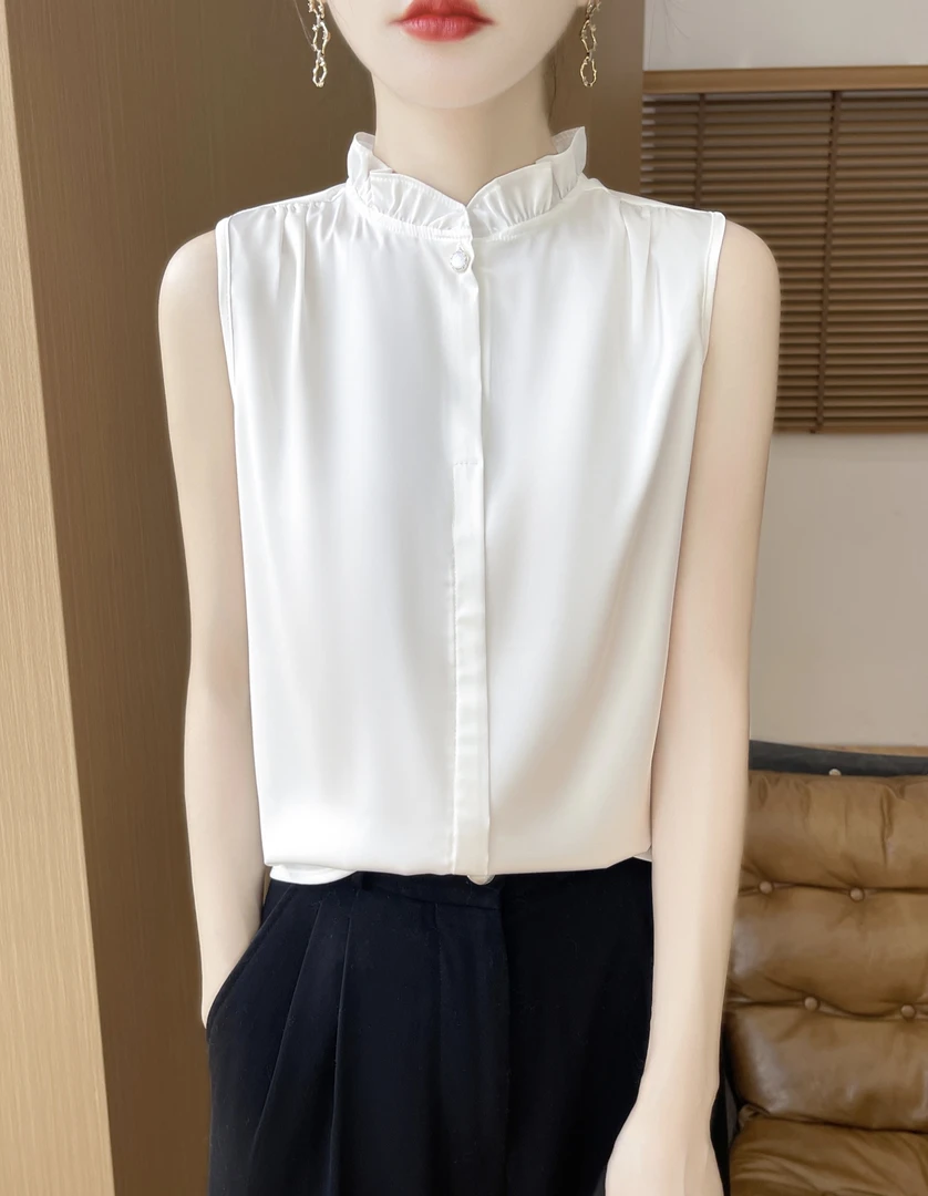 木耳边半高领无袖背心叠穿内搭套头醋酸缎面春夏大码遮肉女士上衣