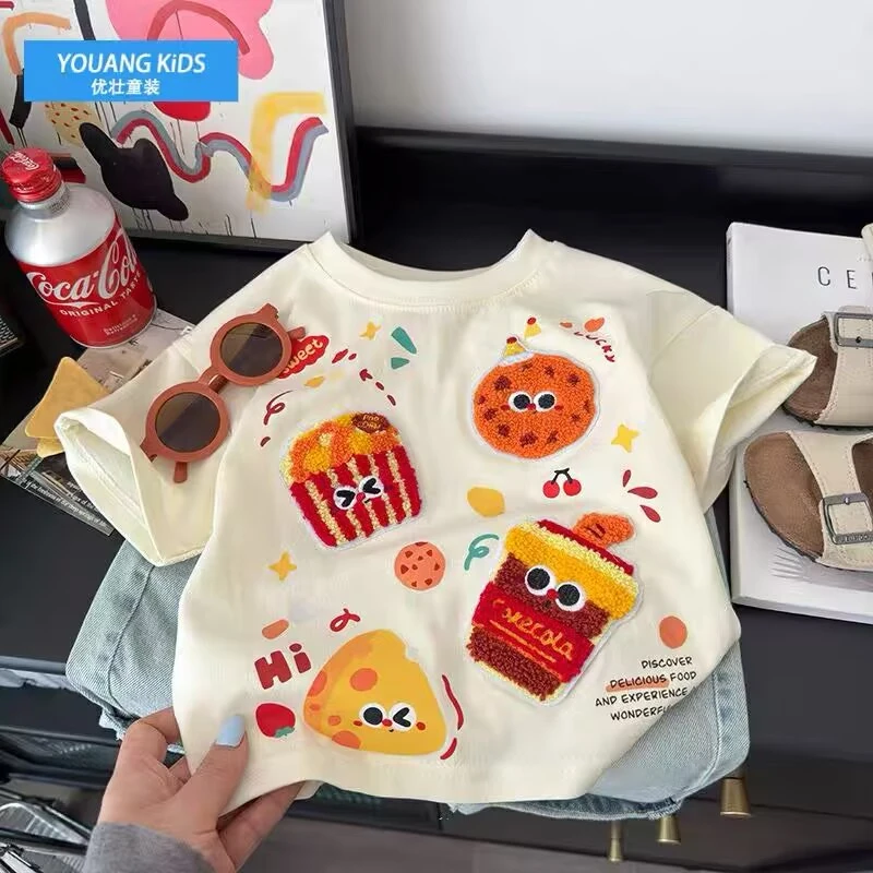 儿童夏季毛巾绣短袖男女童纯棉卡通玩偶T恤宝宝洋气夏装潮流上衣