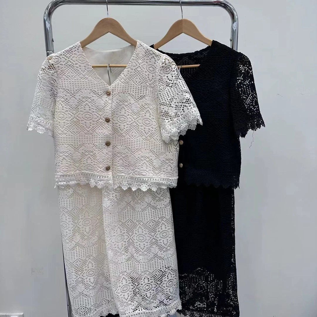 【周周家】5765濮院夏季亚麻套装蕾丝女士纯色休闲时尚街头风