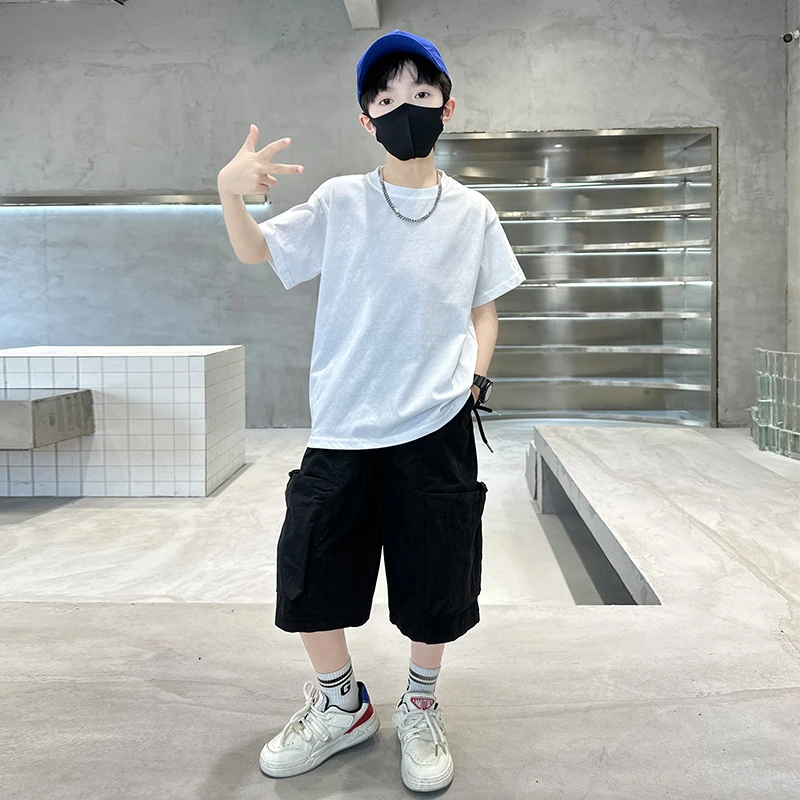 亲子装宽松上衣中大童休闲A类短袖韩版夏季白T恤男童夏装帅气纯色