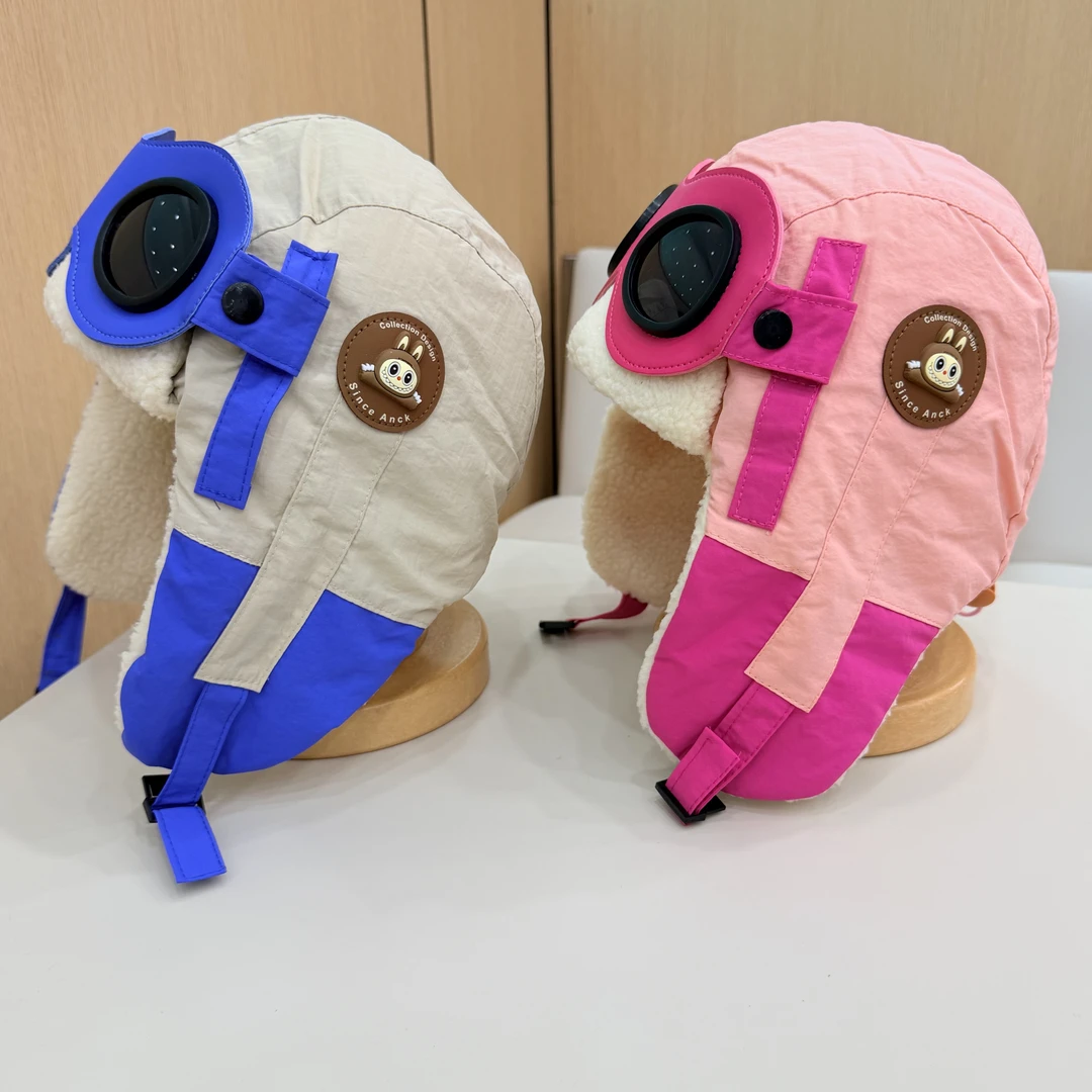 中大童可爱拉布布飞行员眼镜雷锋帽子女童秋冬男童加绒保暖护耳帽