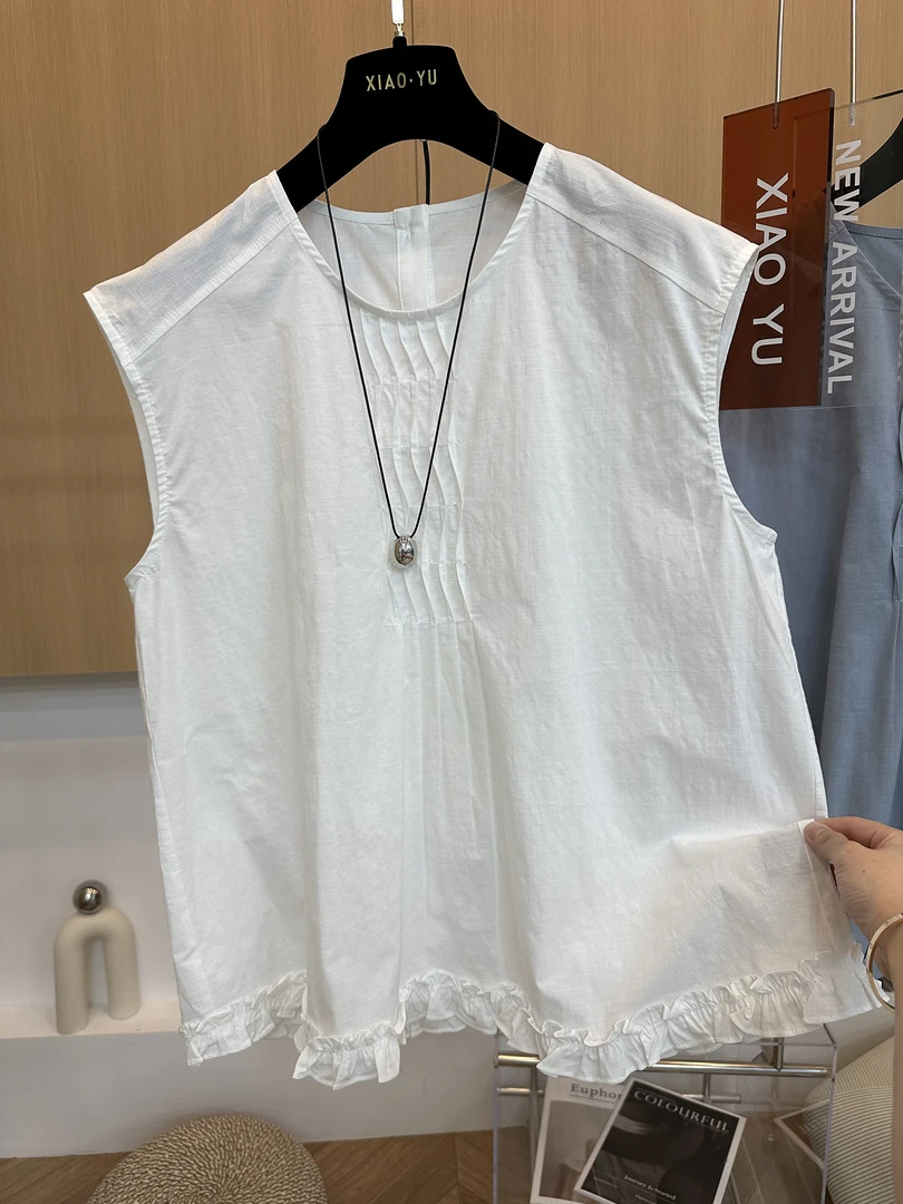 高端欧货夏季新款洋气时尚减龄木耳边拼接压褶无袖圆领衬衫上衣女