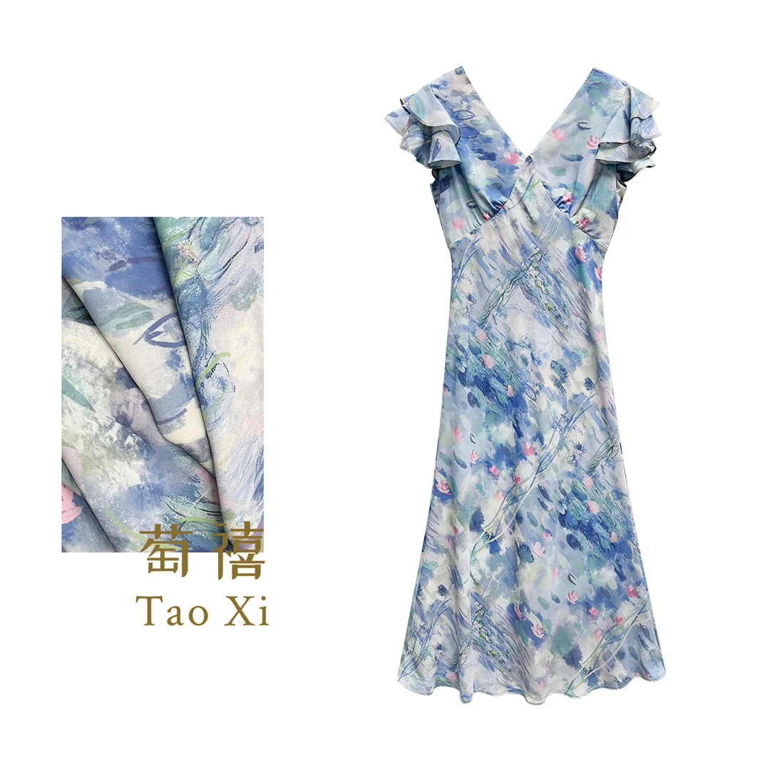 【萄禧】夏季法式气质时尚V领飞飞袖碎花显瘦修身连衣裙TX05QZ5315