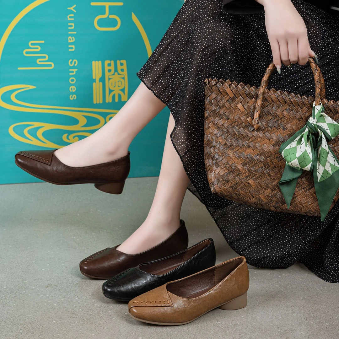 2025法式粗跟方头单鞋浅口单鞋低跟舒适百搭春秋女鞋真皮软底