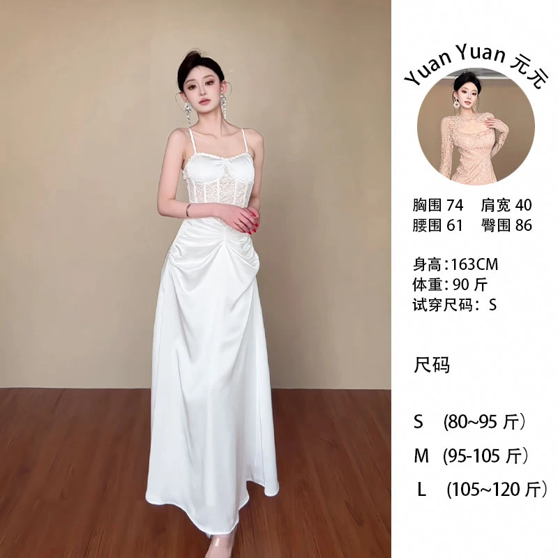 C579 0509-1【Yy】法式气质名媛蕾丝拼接鱼骨束腰吊带宴会礼服裙女