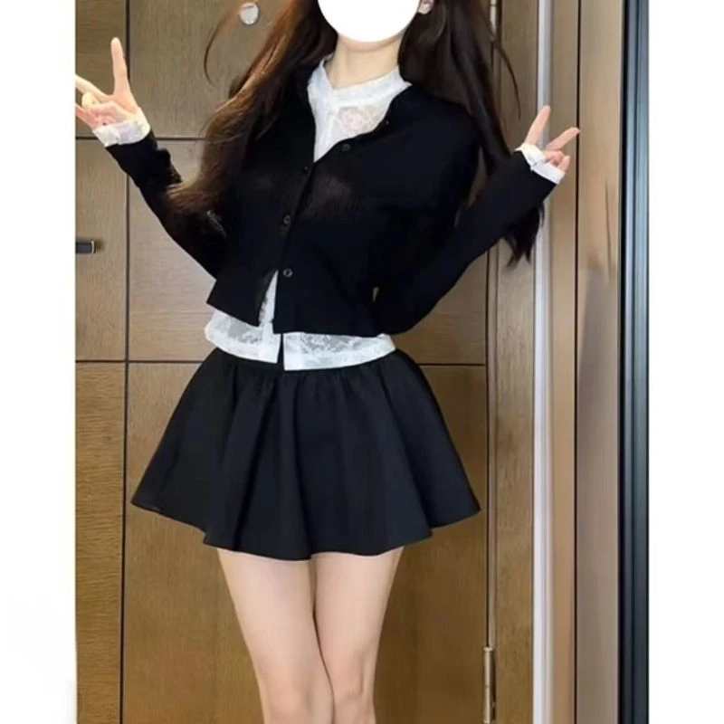 （哩哩）纯欲风辣妹套装2025早春新款韩版蕾丝打底衫短衫1806