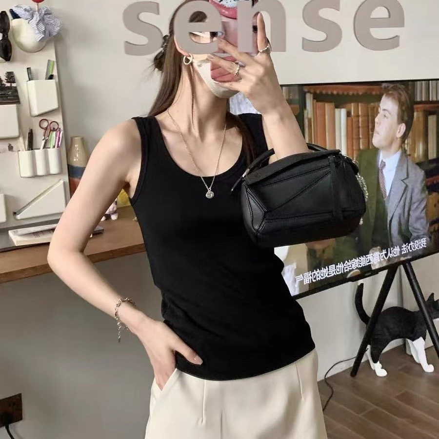 那简家 8823韩社U领懒人基础款打底螺纹背心高弹百搭收副乳美背