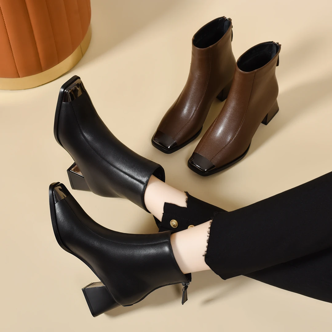 秋冬方头短靴瘦瘦靴4公分真牛皮马丁靴女裸靴单靴英伦风粗跟皮靴