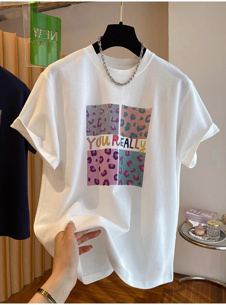 大码240斤纯棉印花短袖t恤女夏季2025新款宽松休闲圆领打底衫上衣