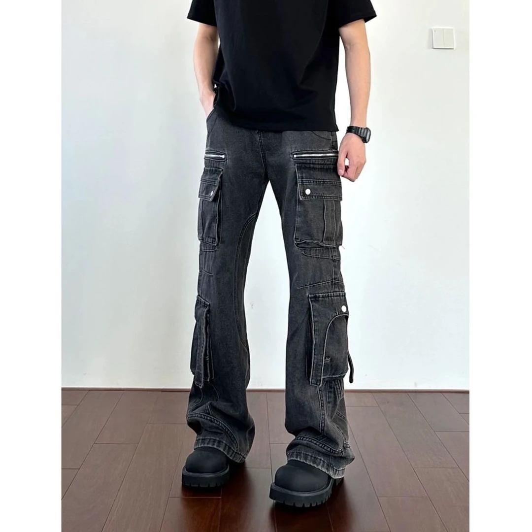 美式复古高街水洗重工时尚工装裤多口袋显瘦微喇男同款牛仔裤子