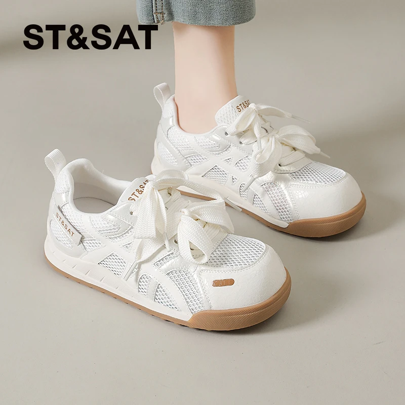 星期六德训鞋女2025夏季新款网面透气运动板鞋休闲复古小白阿甘鞋