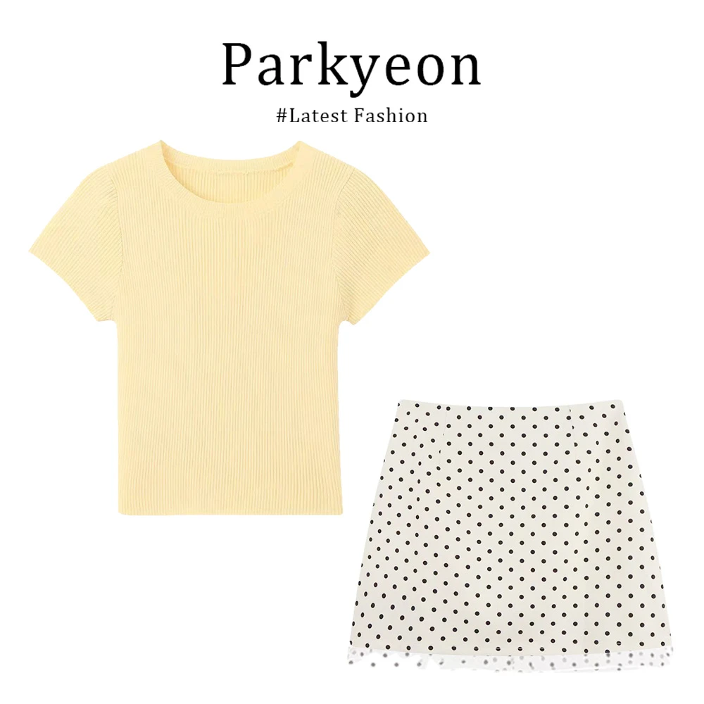 parkyeon夏日小个子通勤正肩短袖上衣斑点简约修身半身裙两件套装
