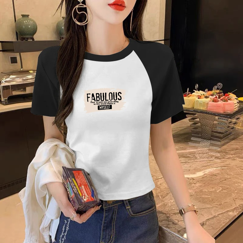 插肩短袖t恤女夏季字母印花正肩体恤衫修身显瘦洋气百搭休闲上衣