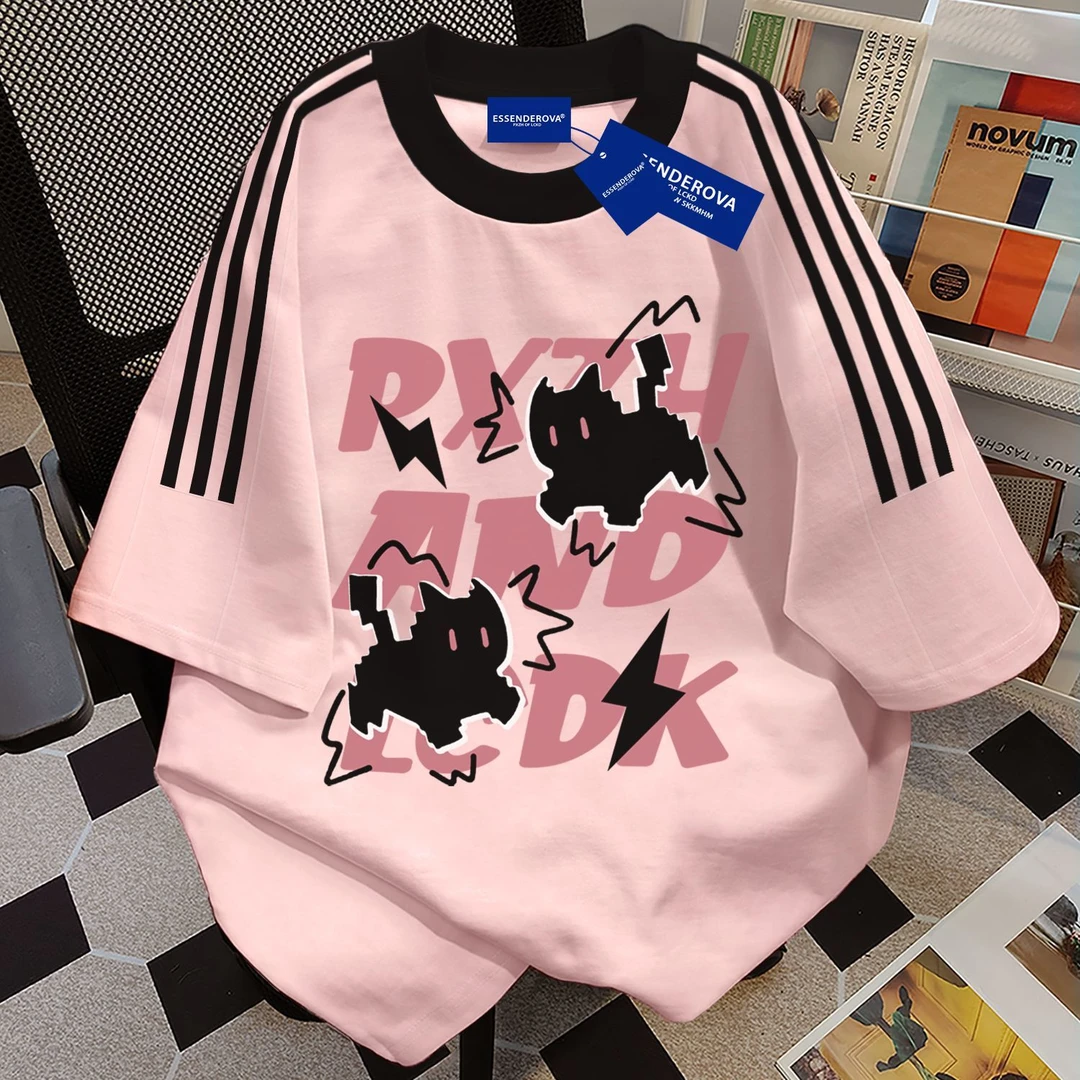 100%纯棉2025新款美式设计感小众三条杠短袖t恤男女夏季宽松上衣