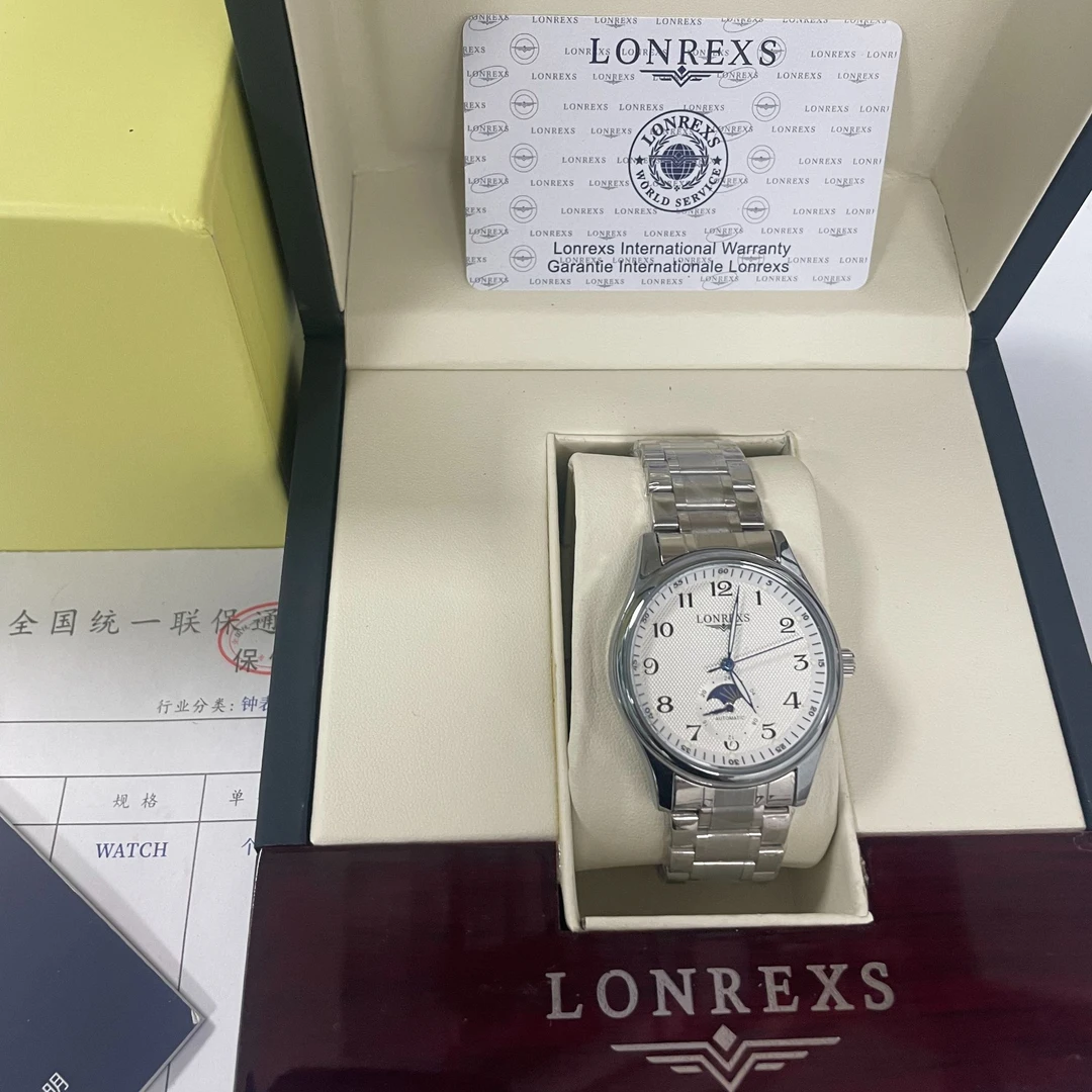 LONREXS/夜光针月相钢带/表径41mm男士经典全自动腕表