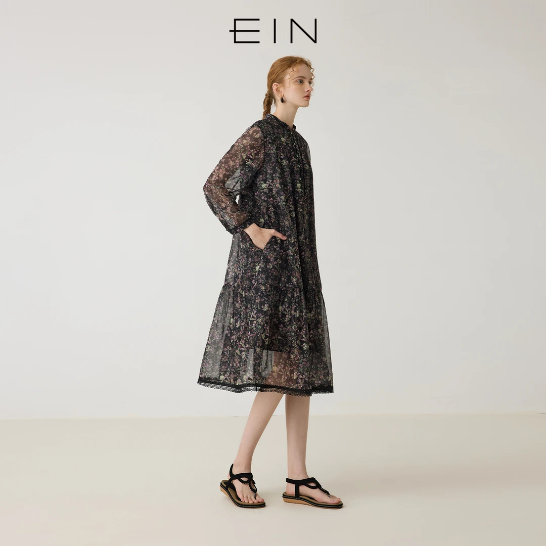 EIN/言法式浪漫碎花印花立领双层纱灯笼袖连衣裙夏新WD6803D21