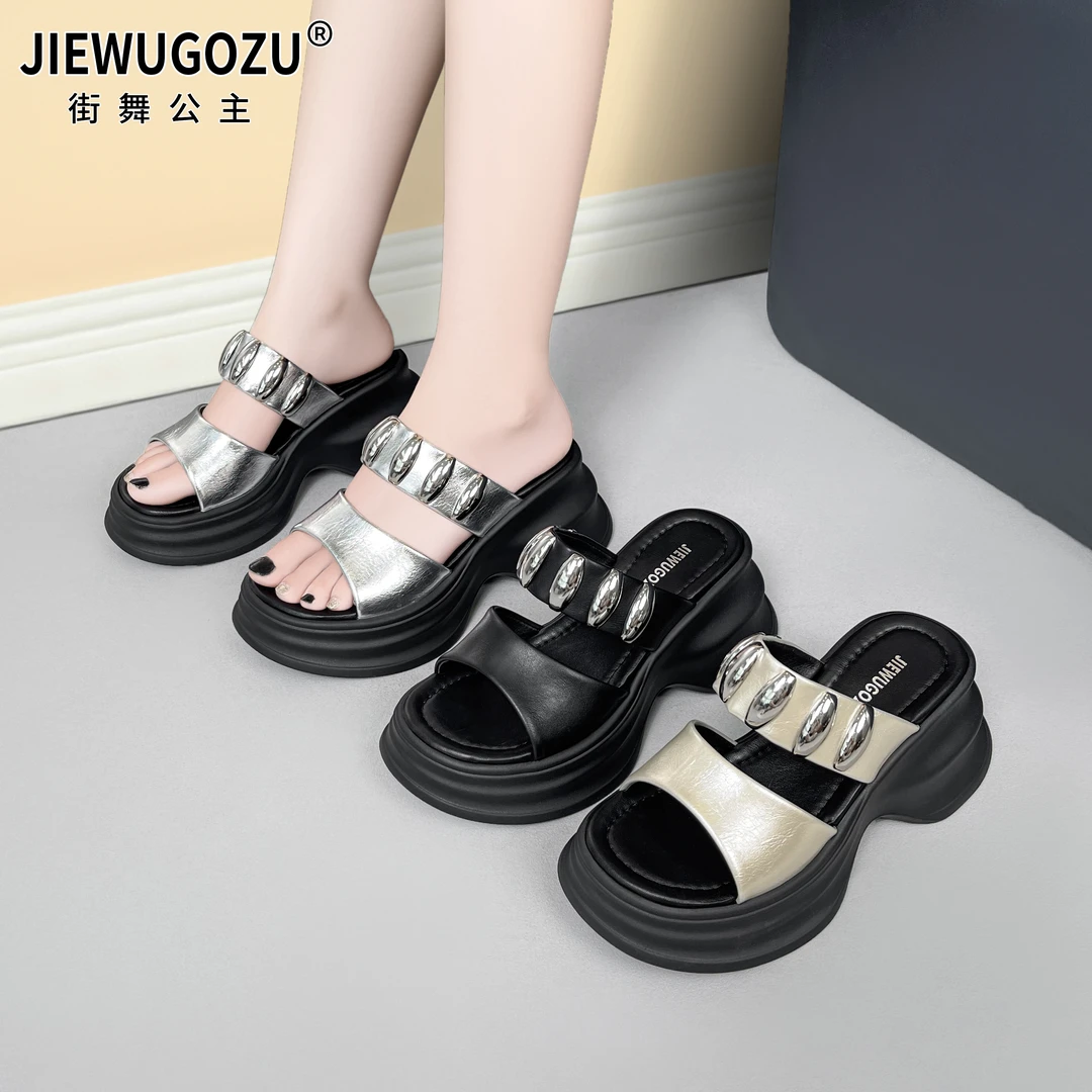 【莱莱】露趾松糕凉拖鞋女外穿百搭一字拖夏季新款水钻高跟拖鞋子