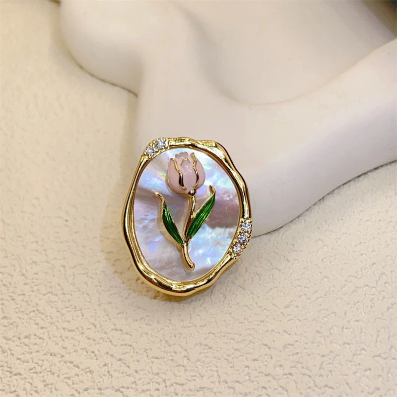 铜贝壳胸针 ML-107复古油画风郁金香花朵百搭胸针