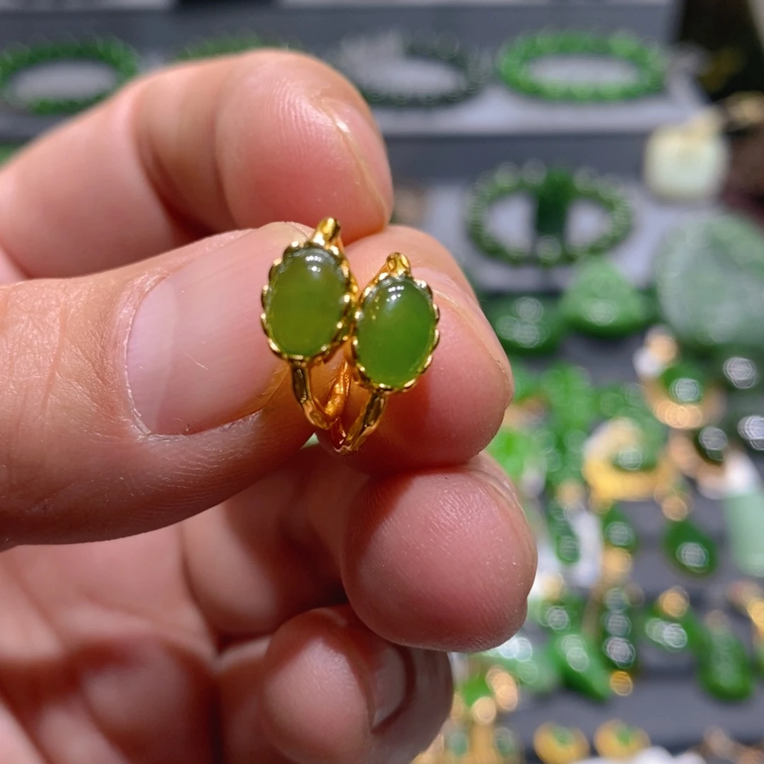 银S925镶嵌和田玉（碧玉）耳饰