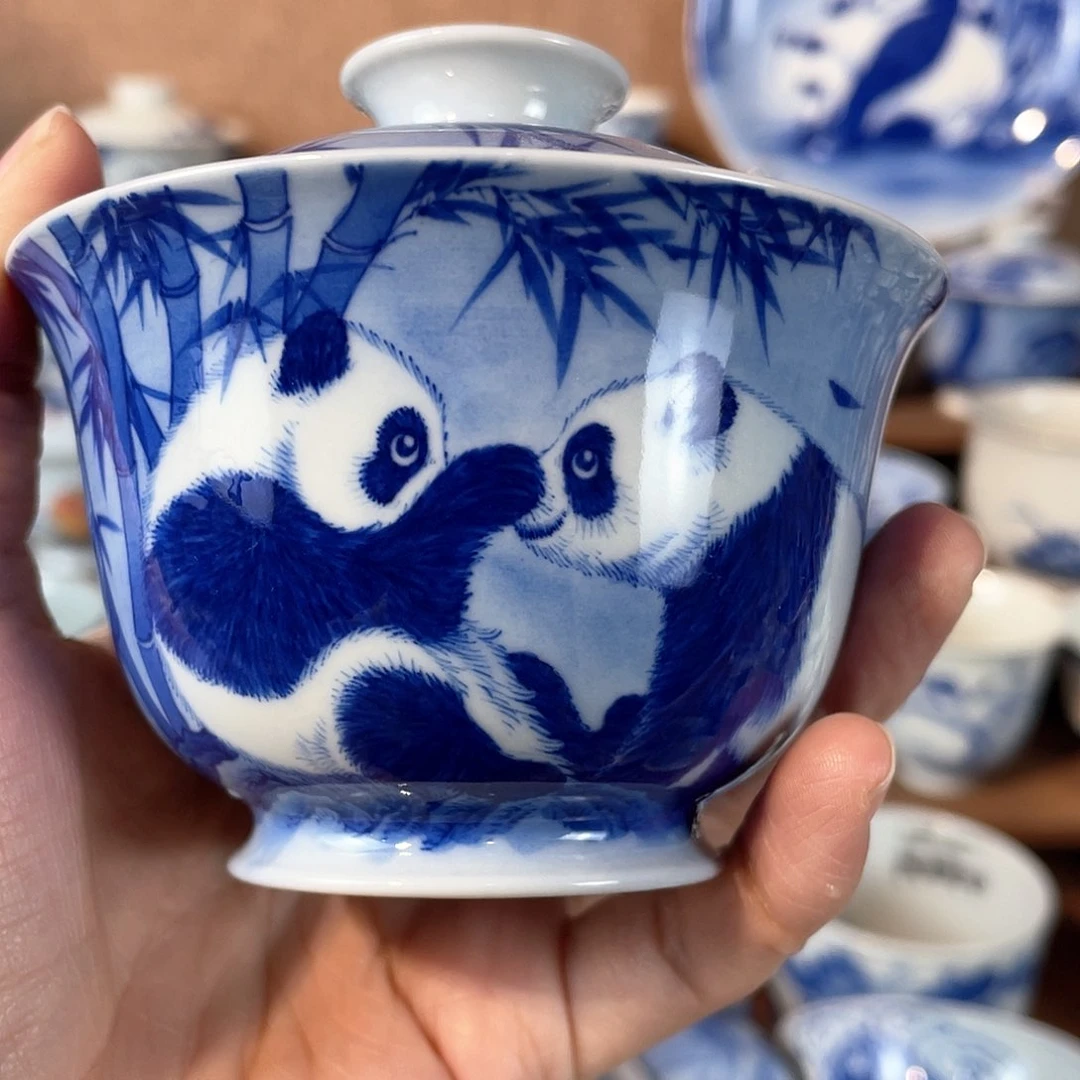 泥藝瓷梦熊猫盖碗