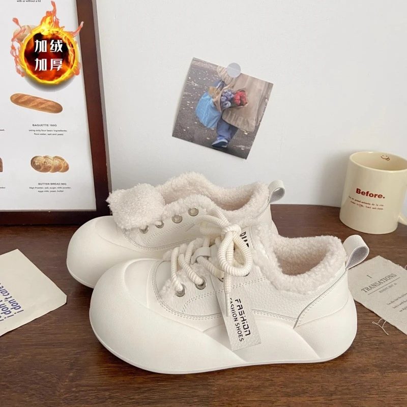 奶白加绒面包鞋2025冬季小众百搭丑萌小白鞋厚底棉鞋保暖大头鞋女