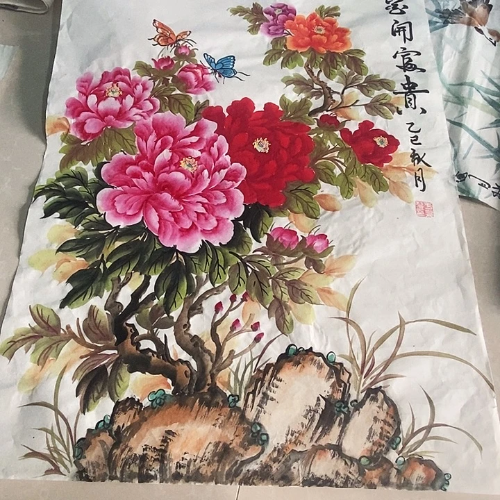 国画四尺三开手绘牡丹花开富贵