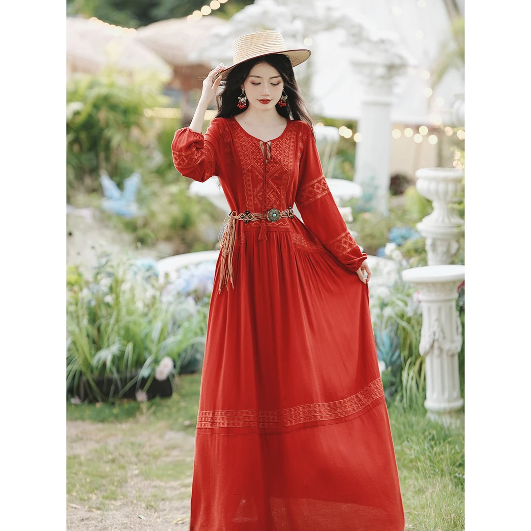 新疆西藏草原旅游度假穿搭红色连衣裙波西米亚民族风仙气长裙476