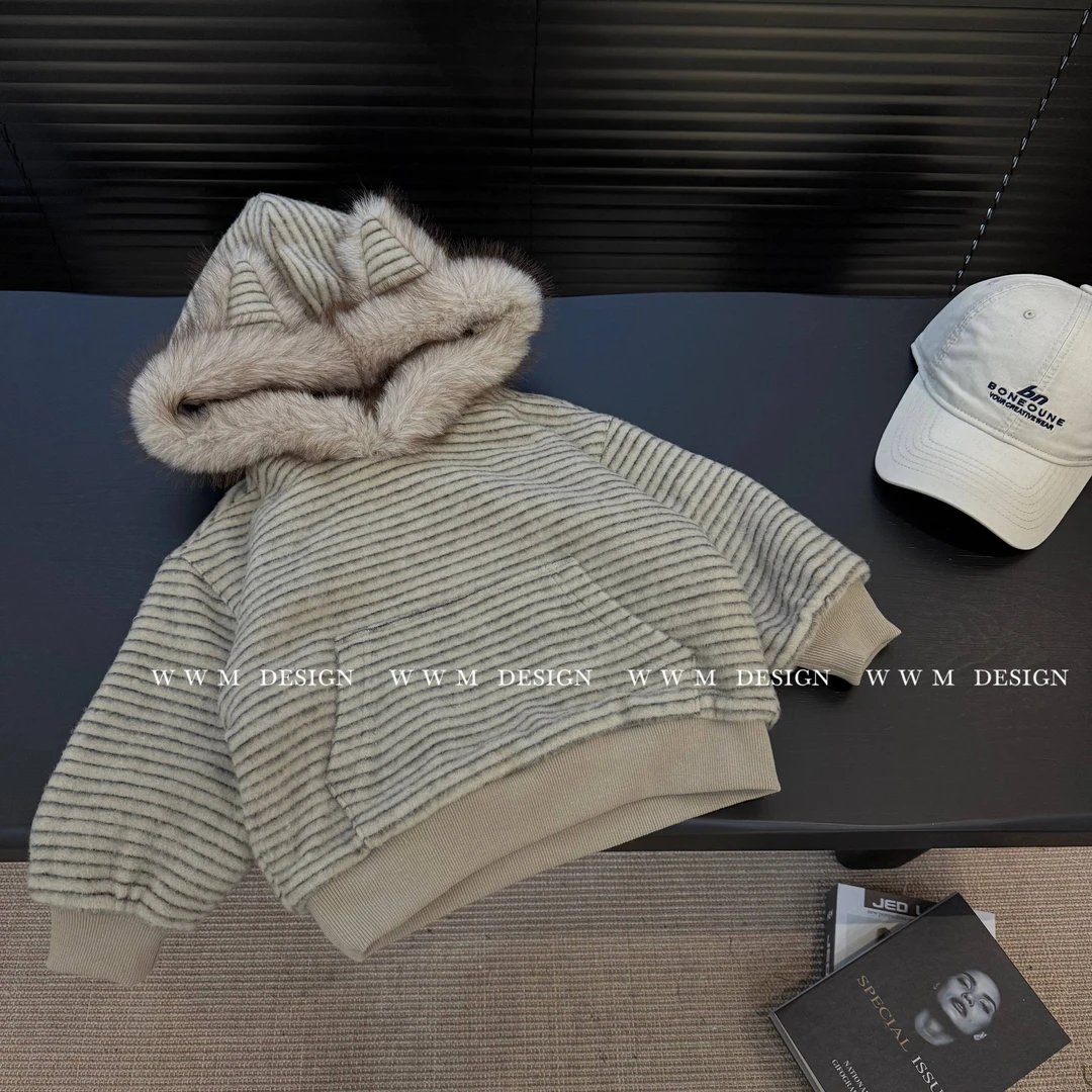 【现货】【文文妈】冬季新款条纹连帽加绒卫衣慵懒宽松宝宝上衣男女童