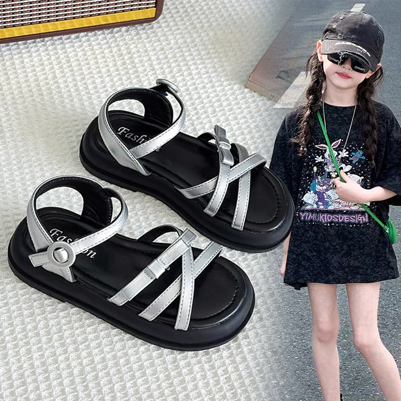 ABC 女童夏季凉鞋2025新款儿童银色罗马沙滩鞋小女孩软底公主鞋潮