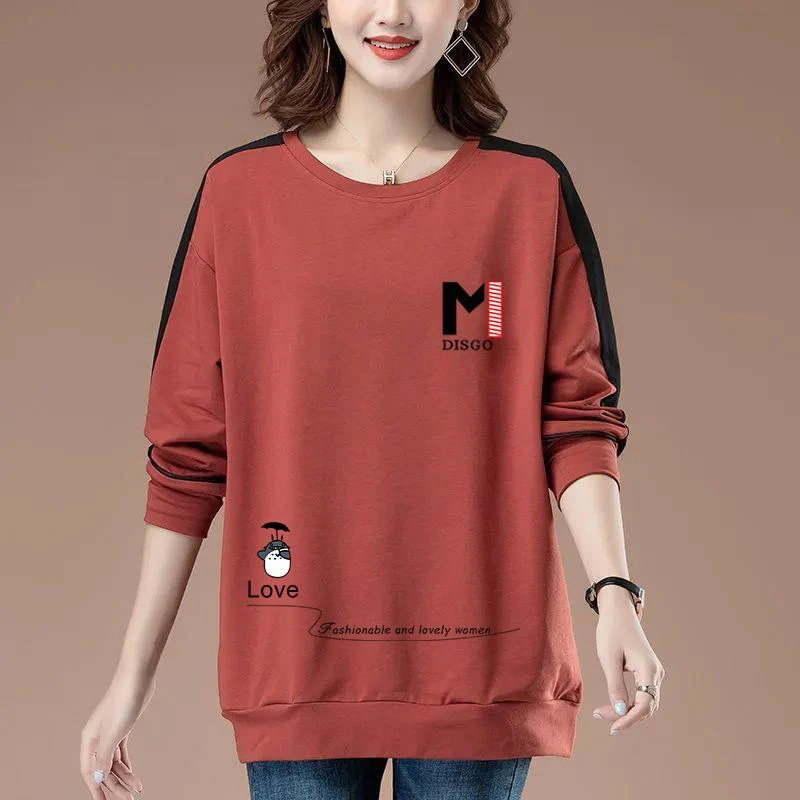 秋季妈妈时尚厚T恤女新款宽松遮肚子200斤大尺码休闲长袖印花T恤