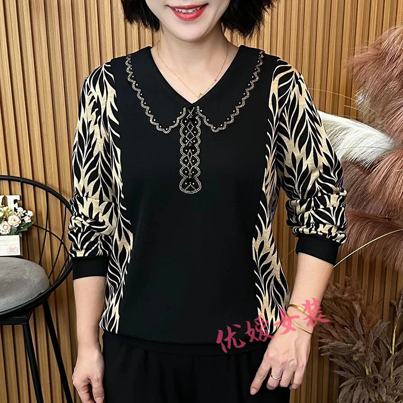 妈妈装秋季花边娃娃领烫钻拼接宽松显瘦洋气中老年女装长袖上衣