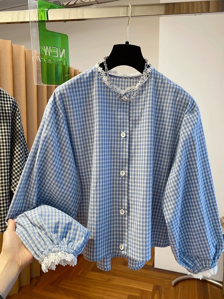 韩系黑白格衬衫女长袖春2025新款蕾丝宽松花边拼接短款内搭上衣