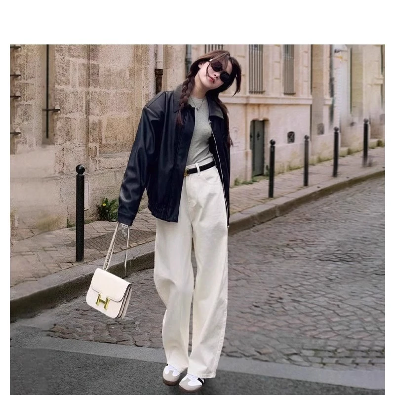 雪千羽白色阔腿牛仔裤女2025春新款高腰宽松垂感小个子拖地直筒裤