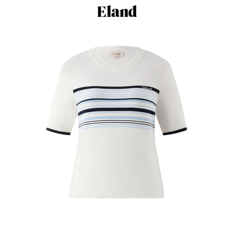 Eland衣恋毛衣女甜美风修身胸口条纹撞色圆领短袖上衣EEKWF24T7A