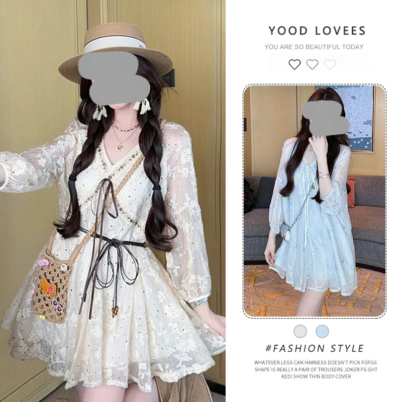 度假风气质法式设计感V领灯笼袖连衣裙女2025年夏季宽松百搭A字裙