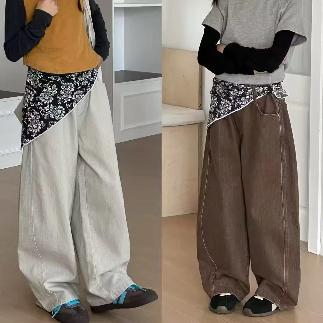 235秋季新款儿童港风复古丝巾系腰叠穿牛仔裤女童时髦洋气百搭裤