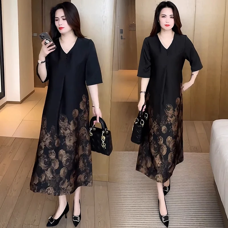 时尚碎花连衣裙女夏季气质优雅中年妈妈装新款宽松遮肉过膝中长裙