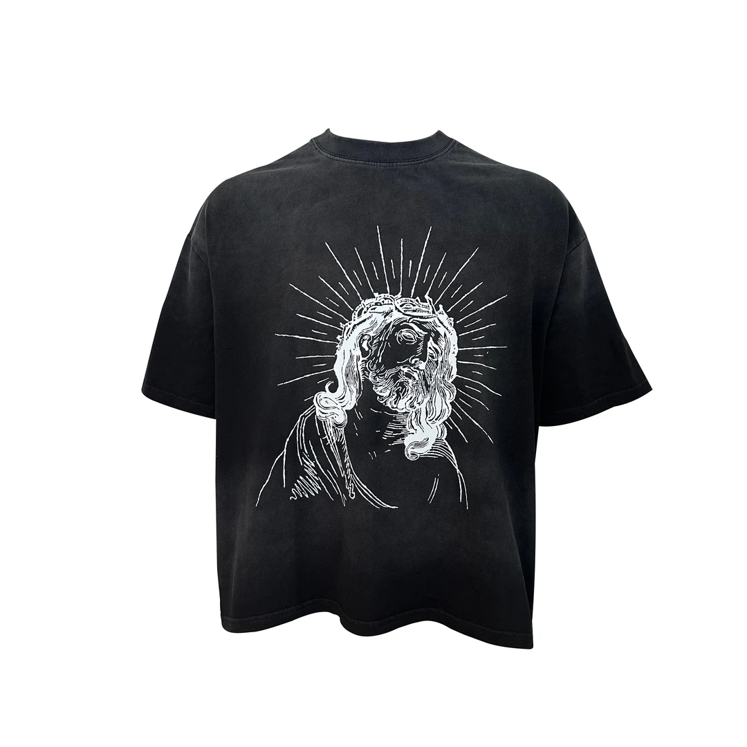 Basic annals美式复古人物印花炒色做旧渐变短袖T恤上衣半袖