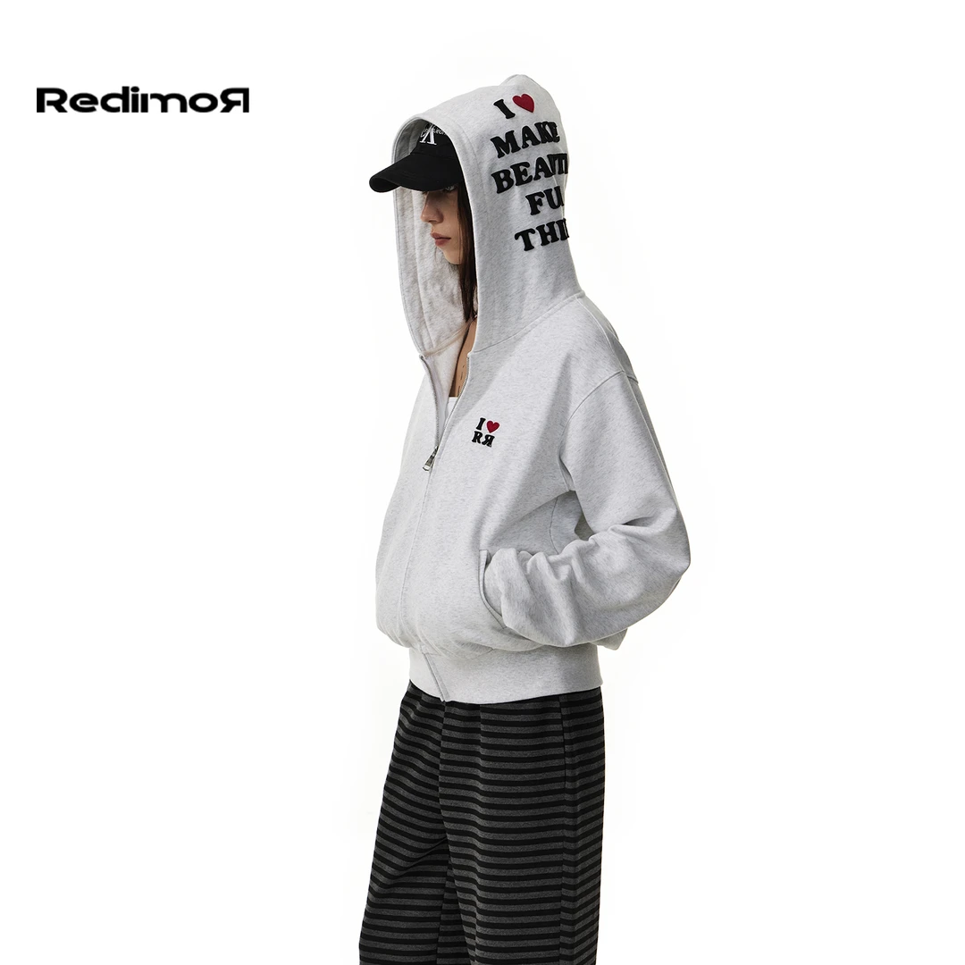 REDIMOR美式复古短款连帽卫衣女秋季休闲开衫上衣外套253RZ1285