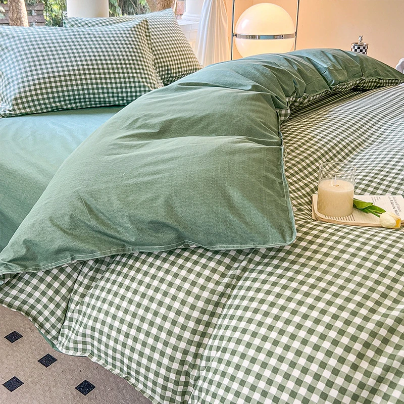 严选轻奢四件套绿色格子ins风被套罩学生宿舍床上用品简约三件套