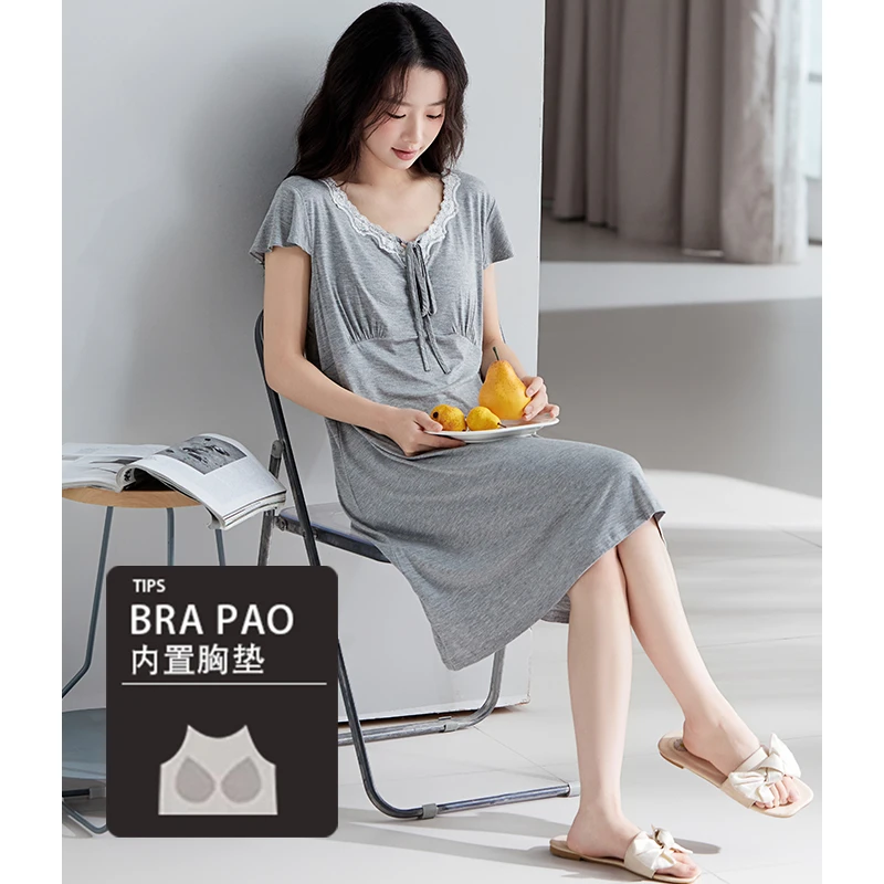 带胸垫睡裙女夏季莫代尔棉中长款2025新款可外穿家居服蕾丝睡衣裙