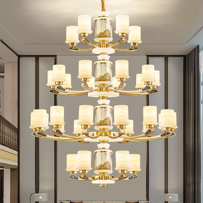 千里江山实心翻砂铜加玉石中国风客厅餐厅别墅复式大吊灯国风经典